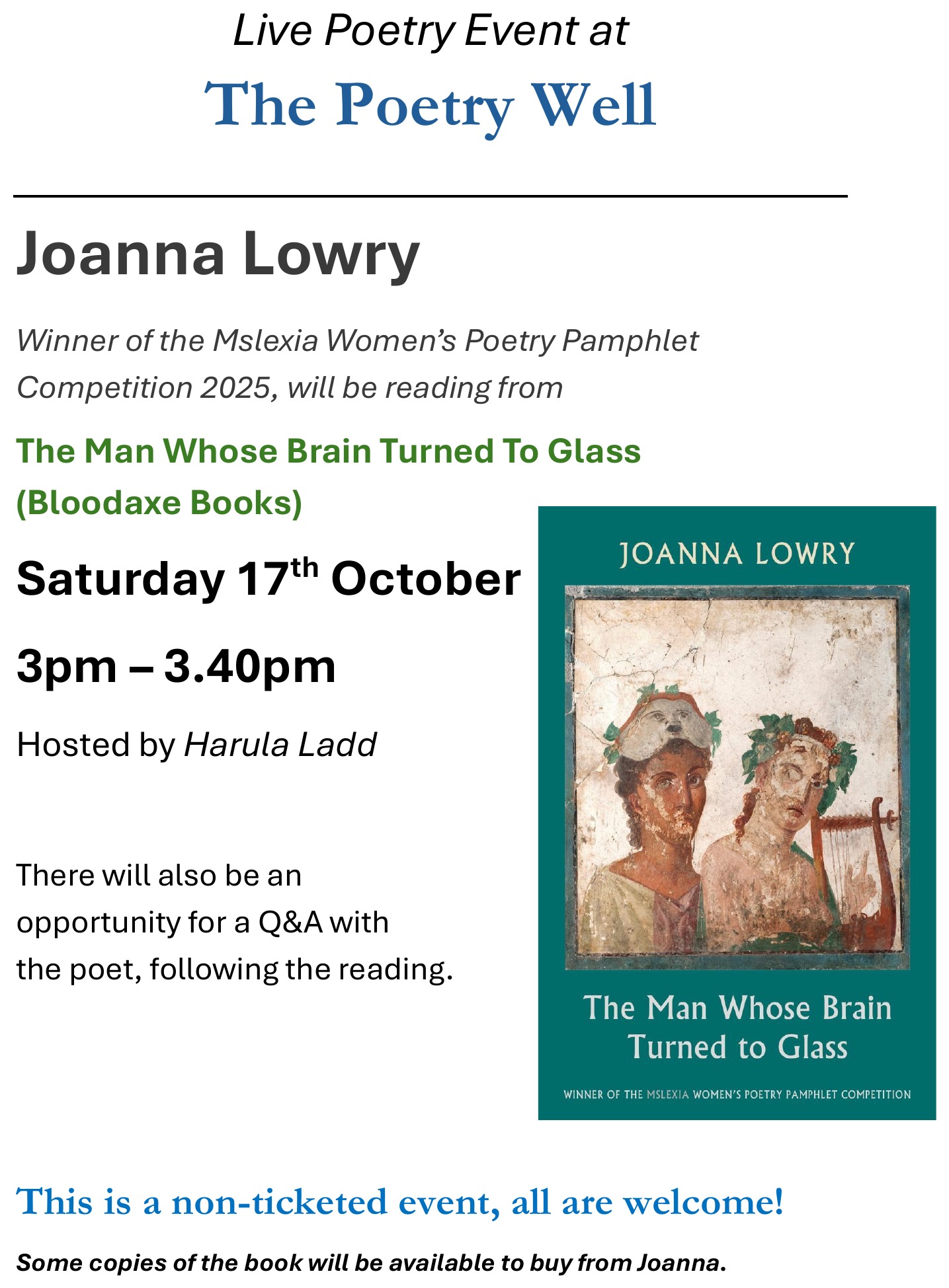 Live Poetry Event at The Poetry Well — Joanna Lowry, Saturday 17th October, 3pm–3.40pm